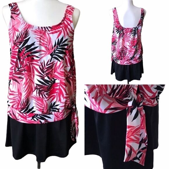 Swimsuits For All Other - Pink Tropical Tankini Blouson Top and Swim Skirt